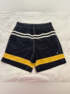 VTG Y2K Nautica Swim Trunks Board Shorts Mens S Colorblock Yellow Surf Preppy
